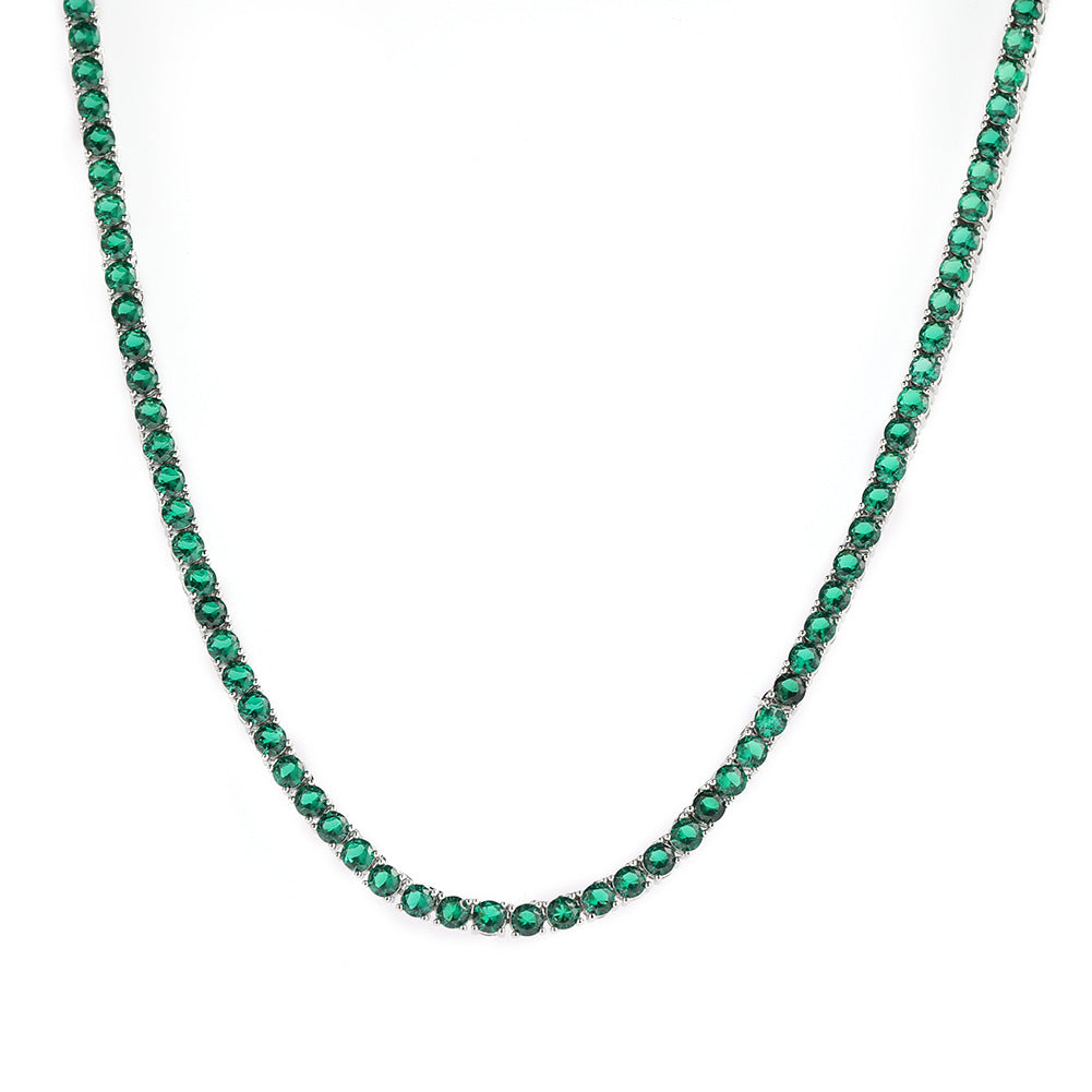 Green Cubic Zirconia Tennis Necklace in Silver Tone, Minimalist Statement Chain for Women & Men