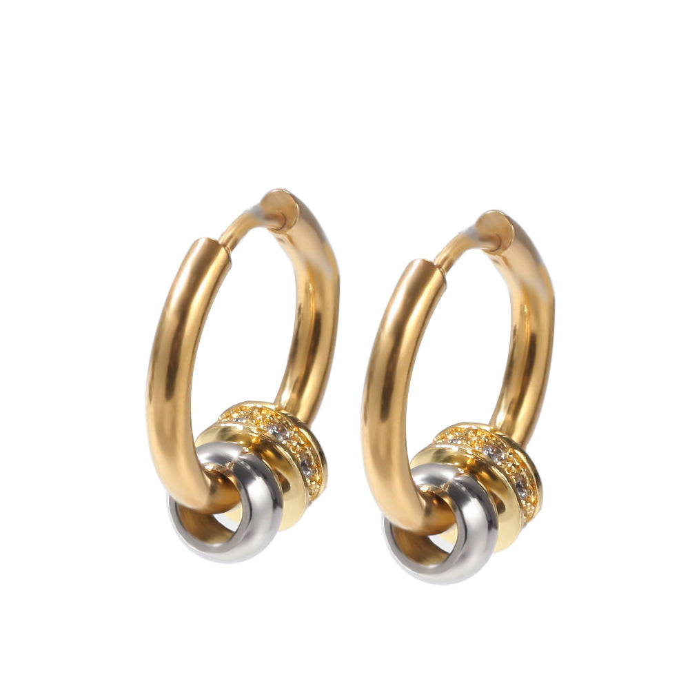 Gold Plated Stainless Steel Round Hoop Earrings with Crystal Accent for Women and Men