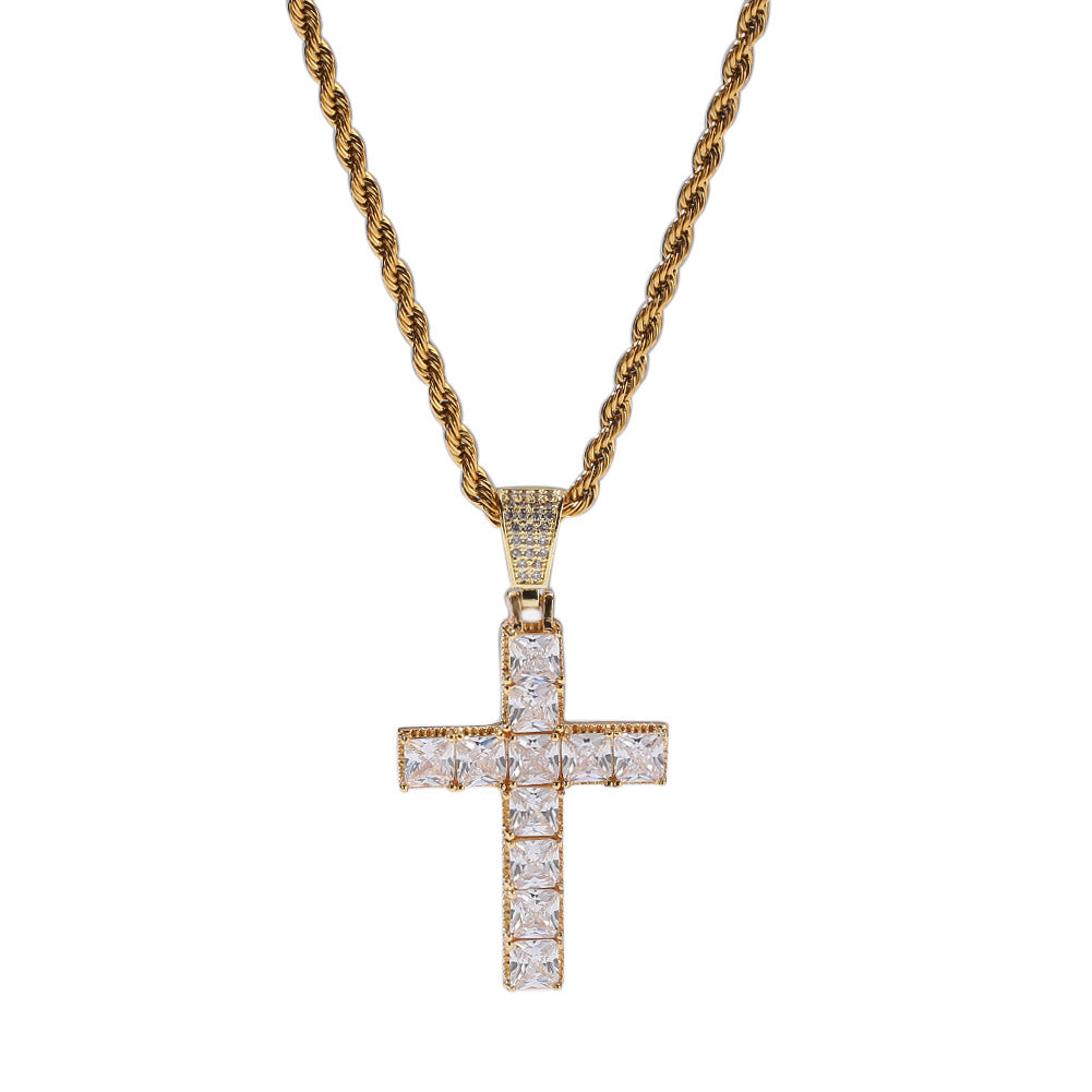 Iced Cross Pendant Necklace with Square Cubic Zirconia - Gold or Silver Tone Stainless Steel Rope Chain or Cuban Chain for Women and Men