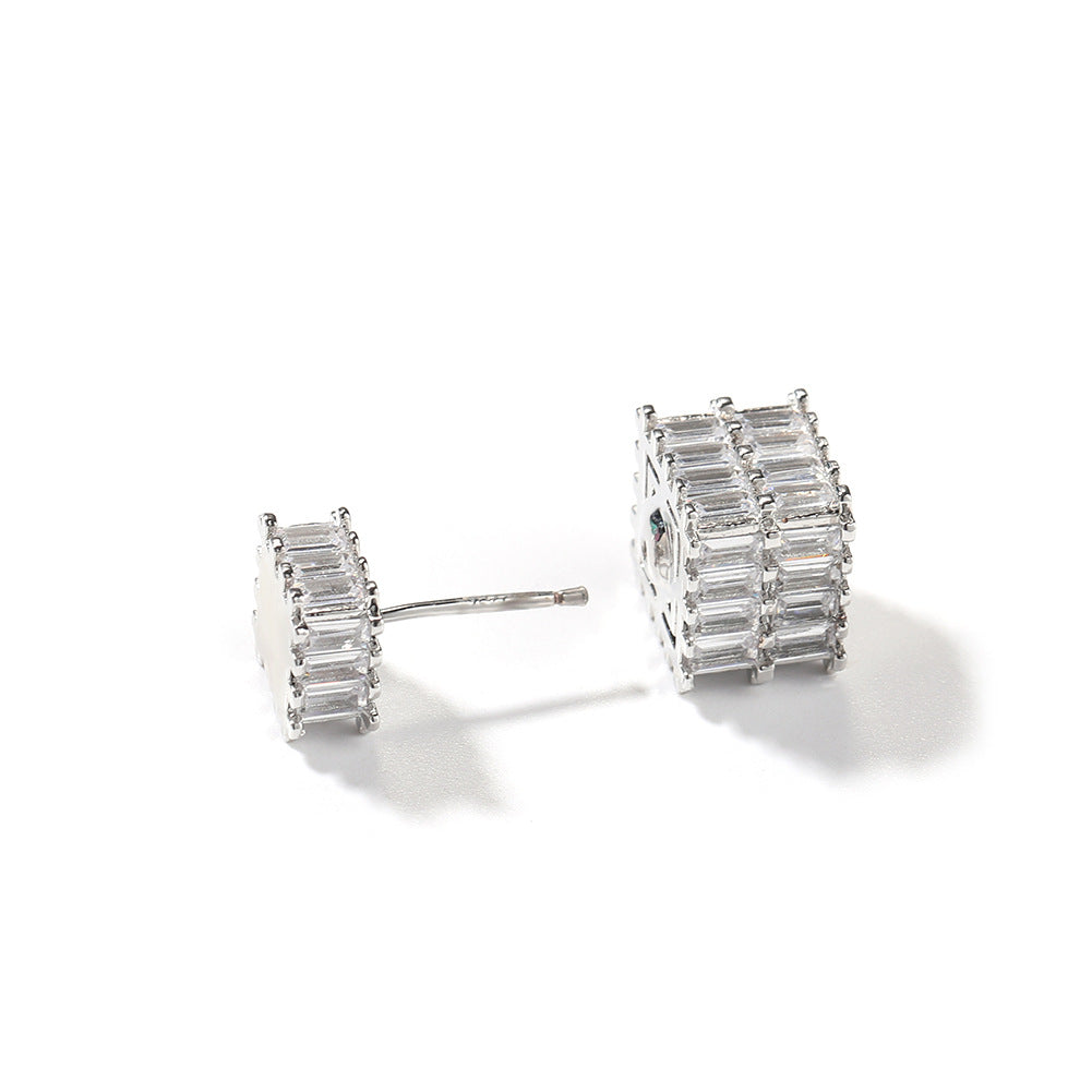 Unisex Square Cubic Zirconia Stud Earrings in Gold or Silver Tone Hip Hop Statement Jewelry