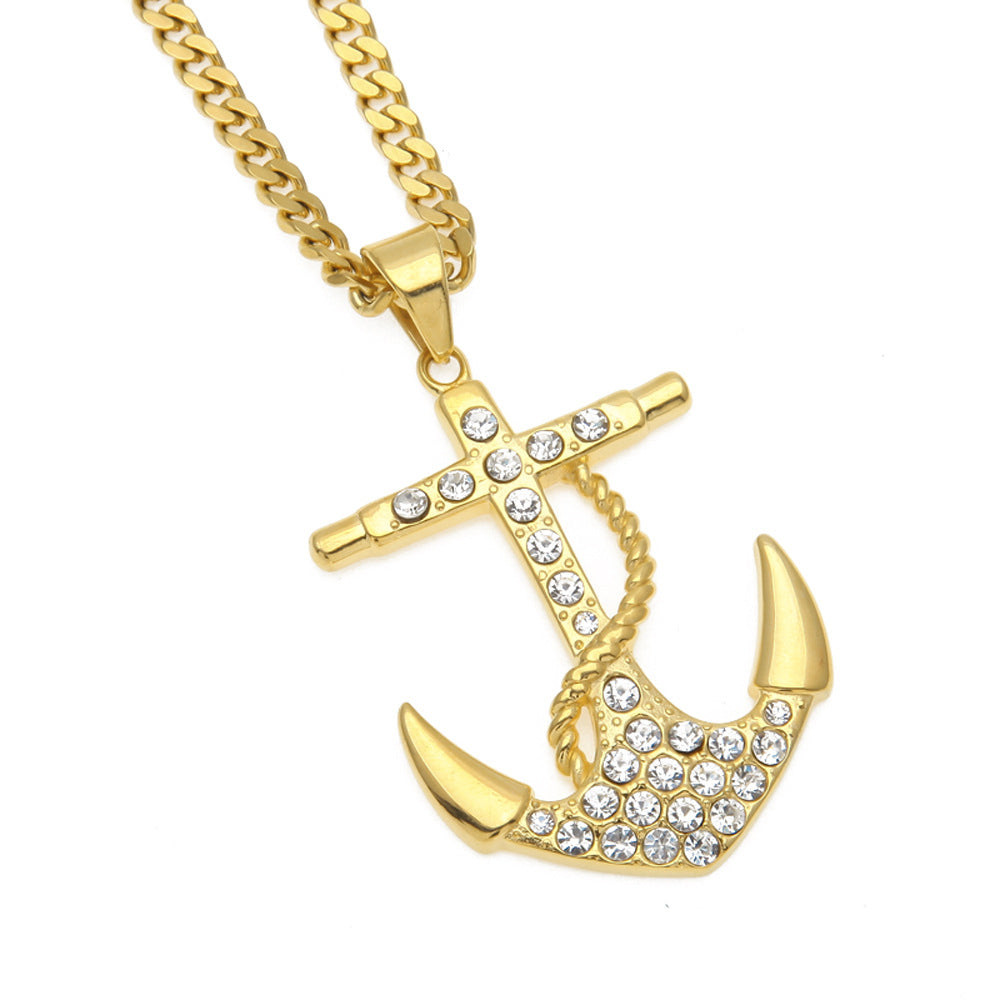 Gold Stainless Steel Anchor Pendant Necklace with Diamond-Look Stones - 5mm Cuban Chain Hip Hop Statement Jewelry for Women and Men