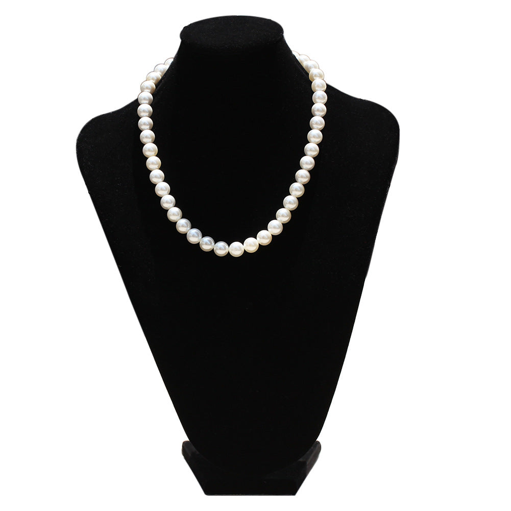 Unisex Pearl Beaded Necklace with Cubic Zirconia Cross Pendant, Hip Hop Statement Chain