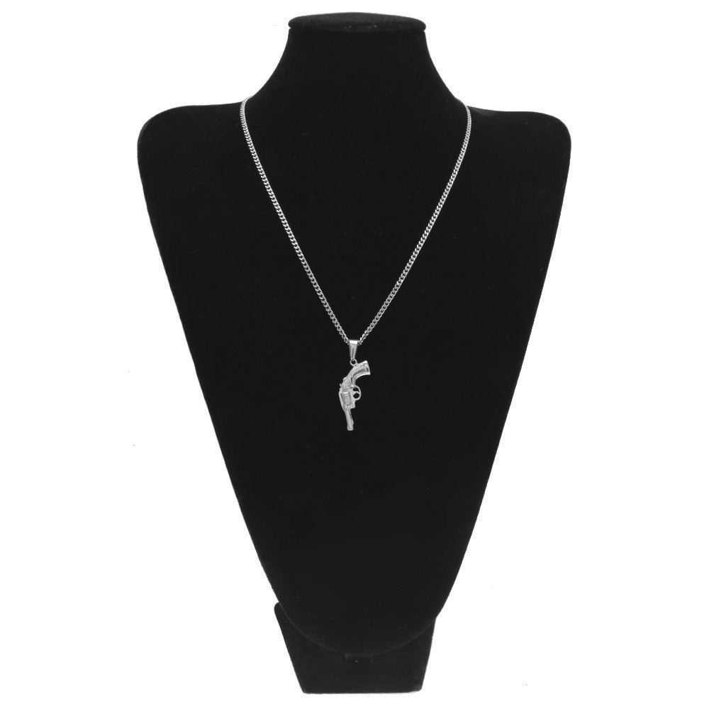 Men’s Stainless Steel Revolver Pendant Necklace with 3mm Cuban Chain in Silver Tone
