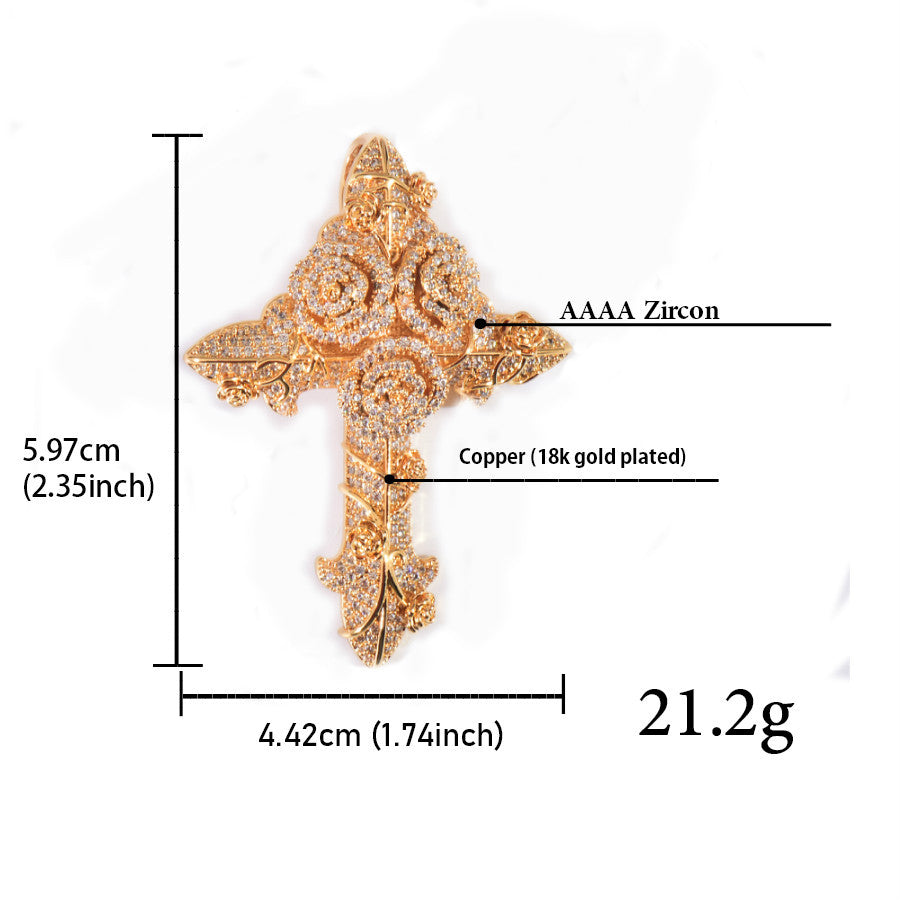 Iced Rose Cross Pendant Necklace