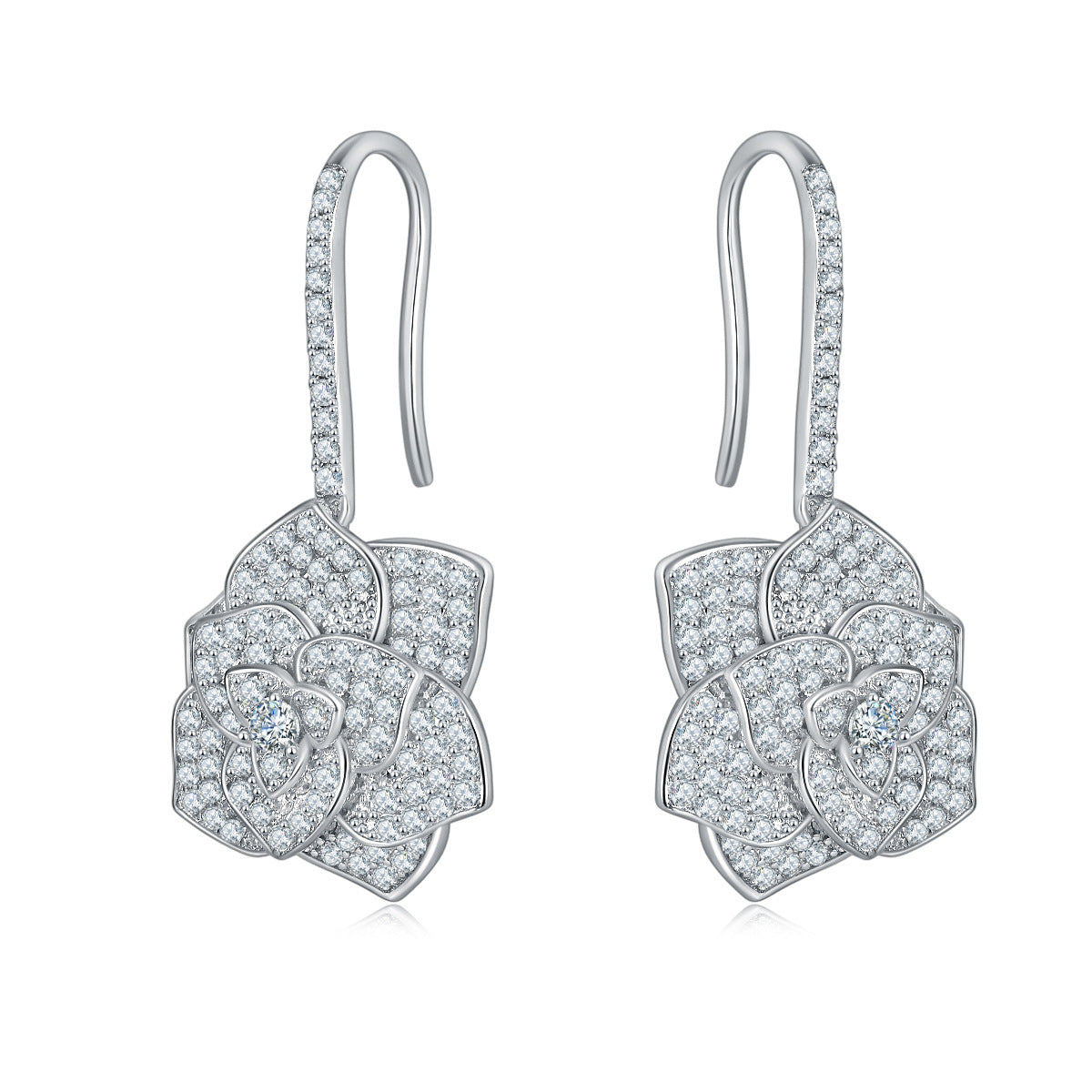 Floral Crystal Drop Earrings, Sparkling Camellia Flower Dangle Earrings for Women product image