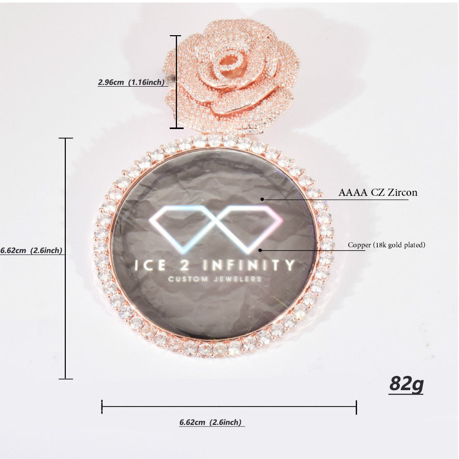 Rose Photo Frame Pendant Necklace for Women Iced Out Statement Jewelry