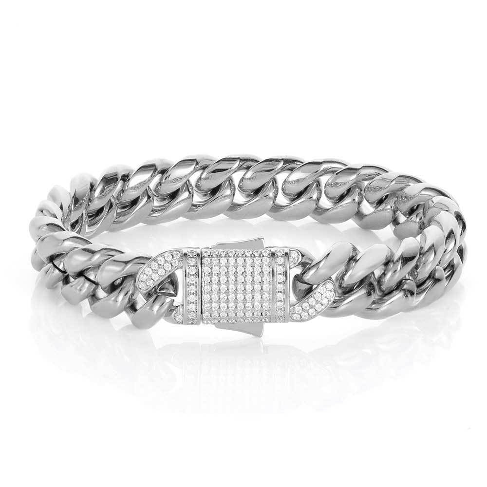 10-12 mm Polished Cuban with Stone-Accent Clasp Hip Hop Bracelet with Stainless steel Base - CHA024 product image
