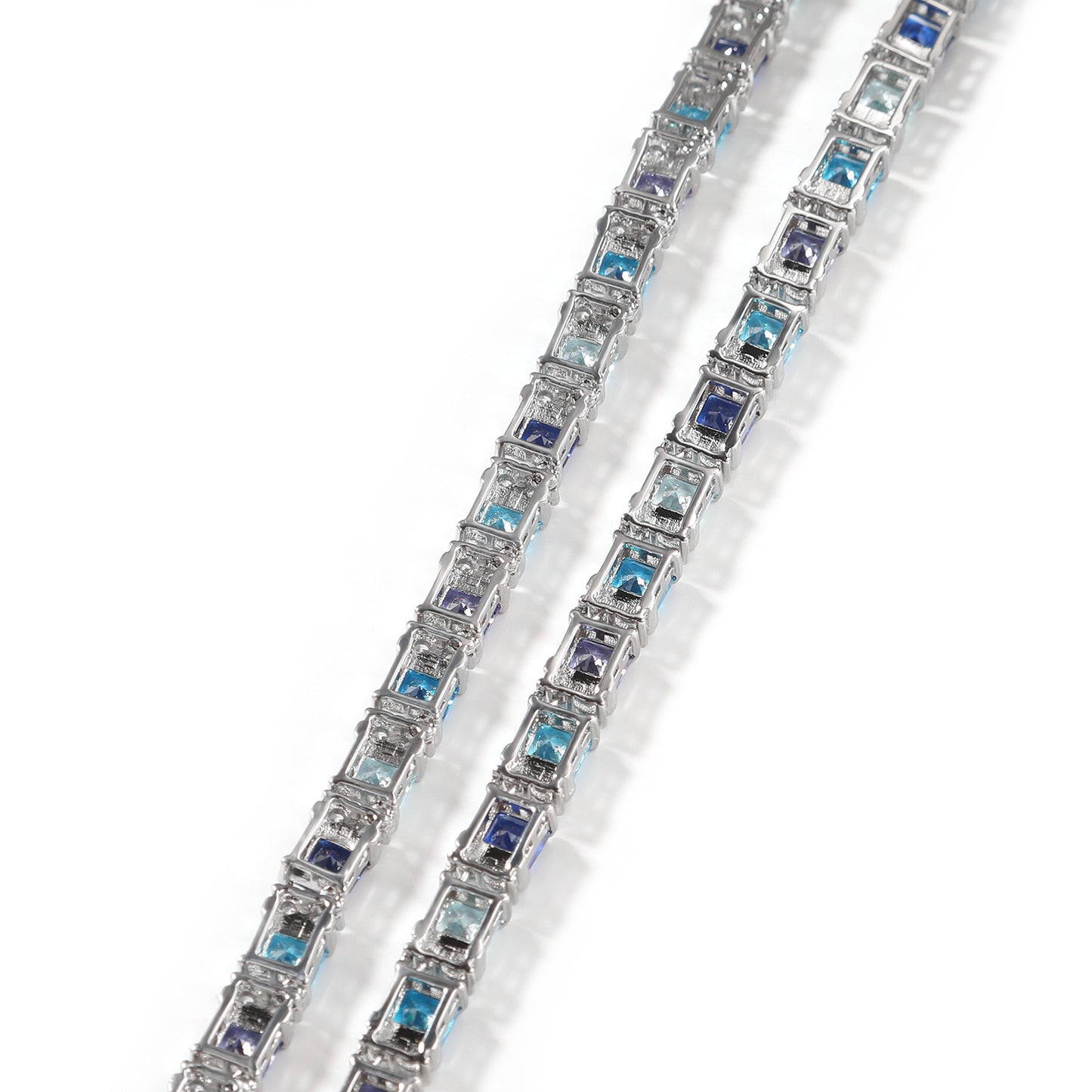 Unisex Hip Hop Square Cubic Zirconia Tennis Necklace Chain Pendant Style in Blue & Clear, 18 Inch / 20 Inch