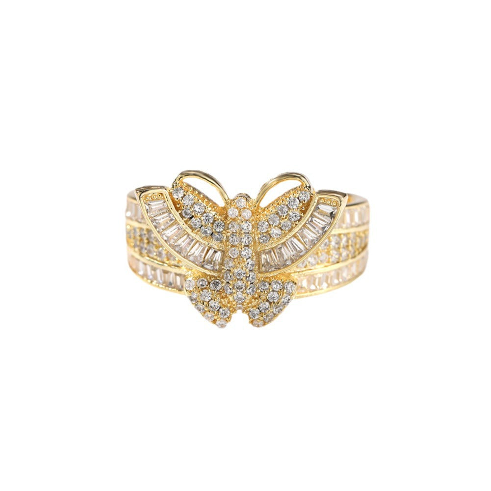 Adjustable Gold Plated Butterfly Ring for Women with Cubic Zirconia - Elegant Statement Open Ring