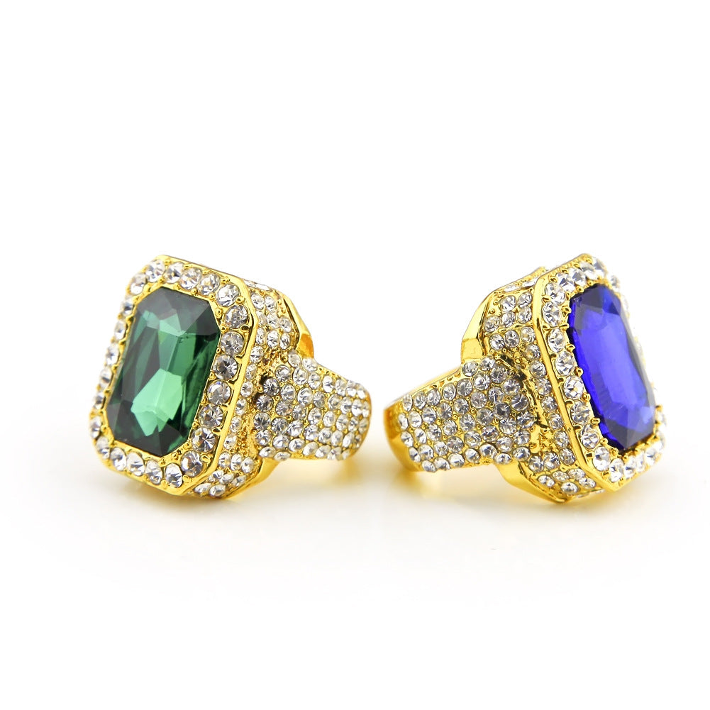 Unisex Hip Hop Square Gem Statement Ring with Crystal Pave - Gold or Silver Plated Ruby, Sapphire, Emerald, Black Stone Ring