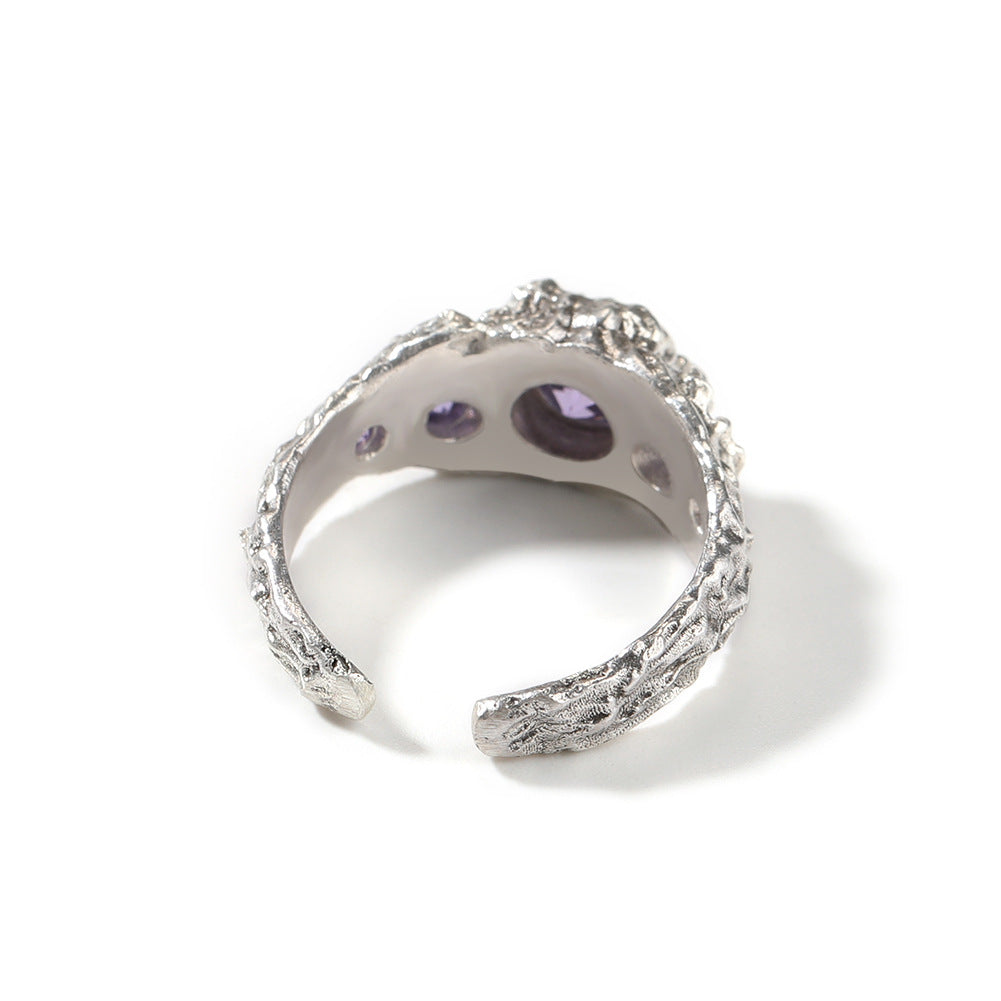 Men’s Irregular Silver Ring with Purple Cubic Zirconia – Hip Hop Statement Open Band product image