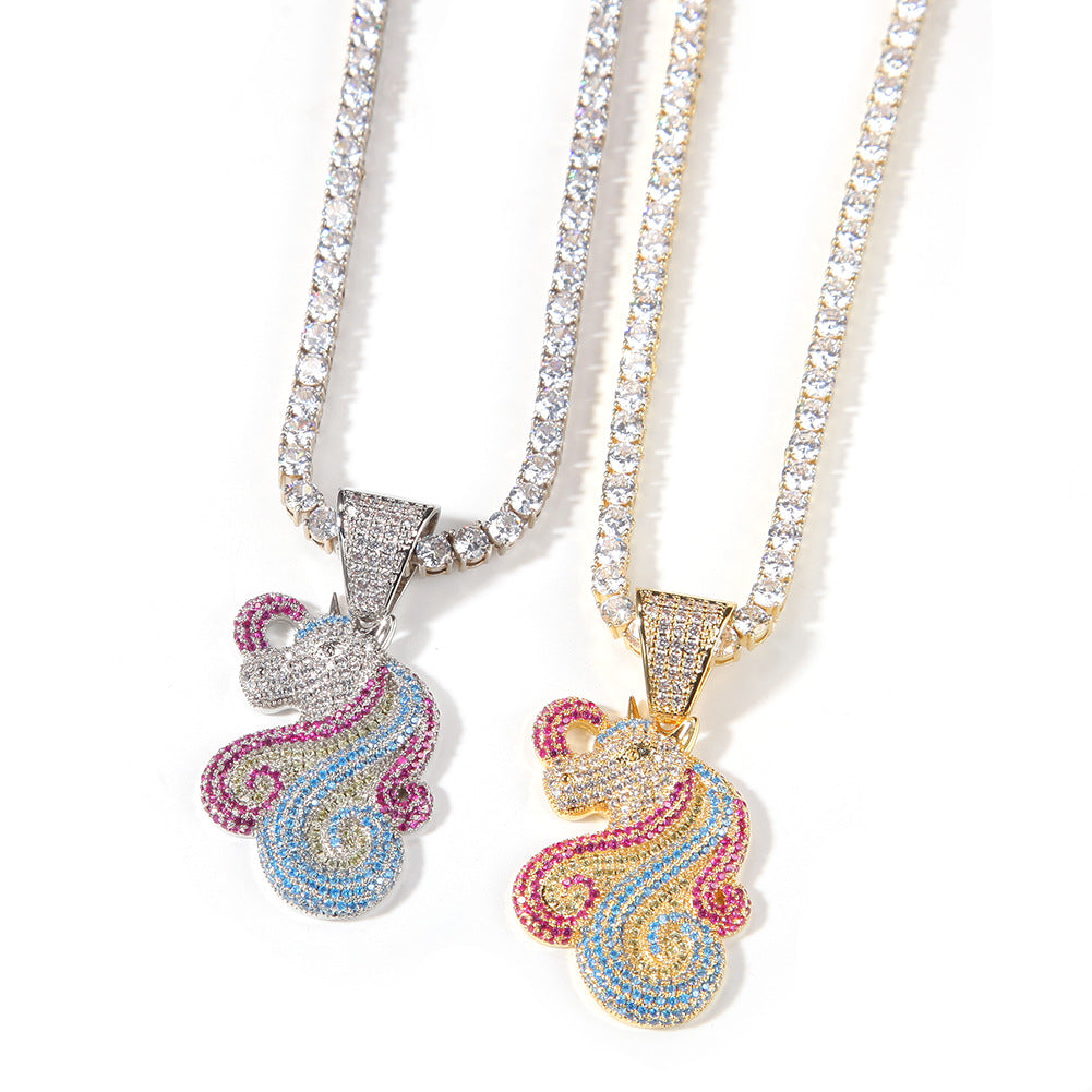 Unicorn Cubic Zirconia Pendant Necklace for Women – Gold Plated or Silver Plated Cartoon Statement Chain Necklace