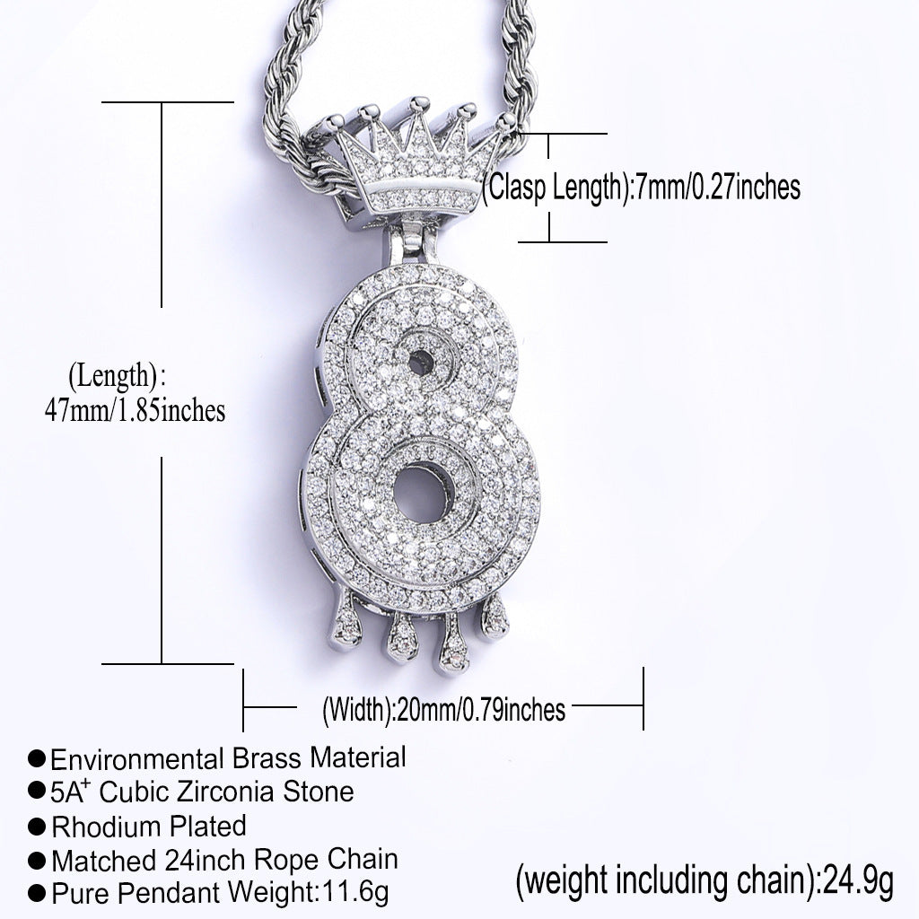 Hip Hop Crown Number Teardrop Cubic Zirconia Pendant Necklace for Men and Women