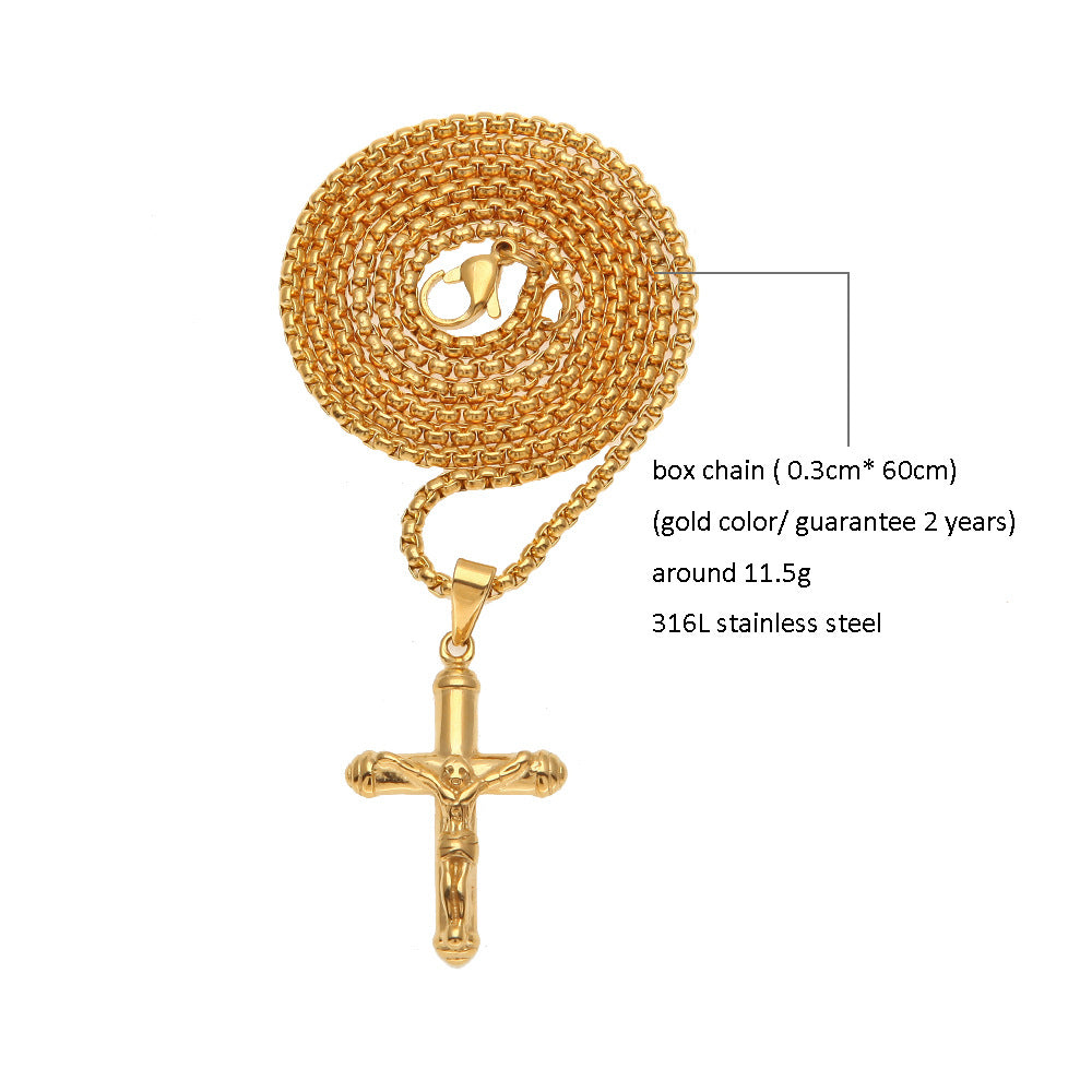 Gold Plated Stainless Steel Cross Pendant Necklace for Men with 3mm Cuban Chain