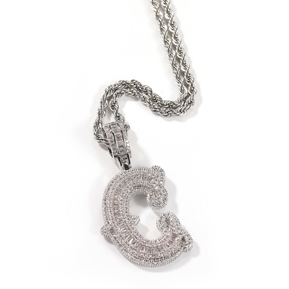 Iced Bubble Letter Pendant Necklace for Women & Men – Cubic Zirconia Initial Chain in Gold, Silver & Rose Gold, 24 Inch Twist Chain