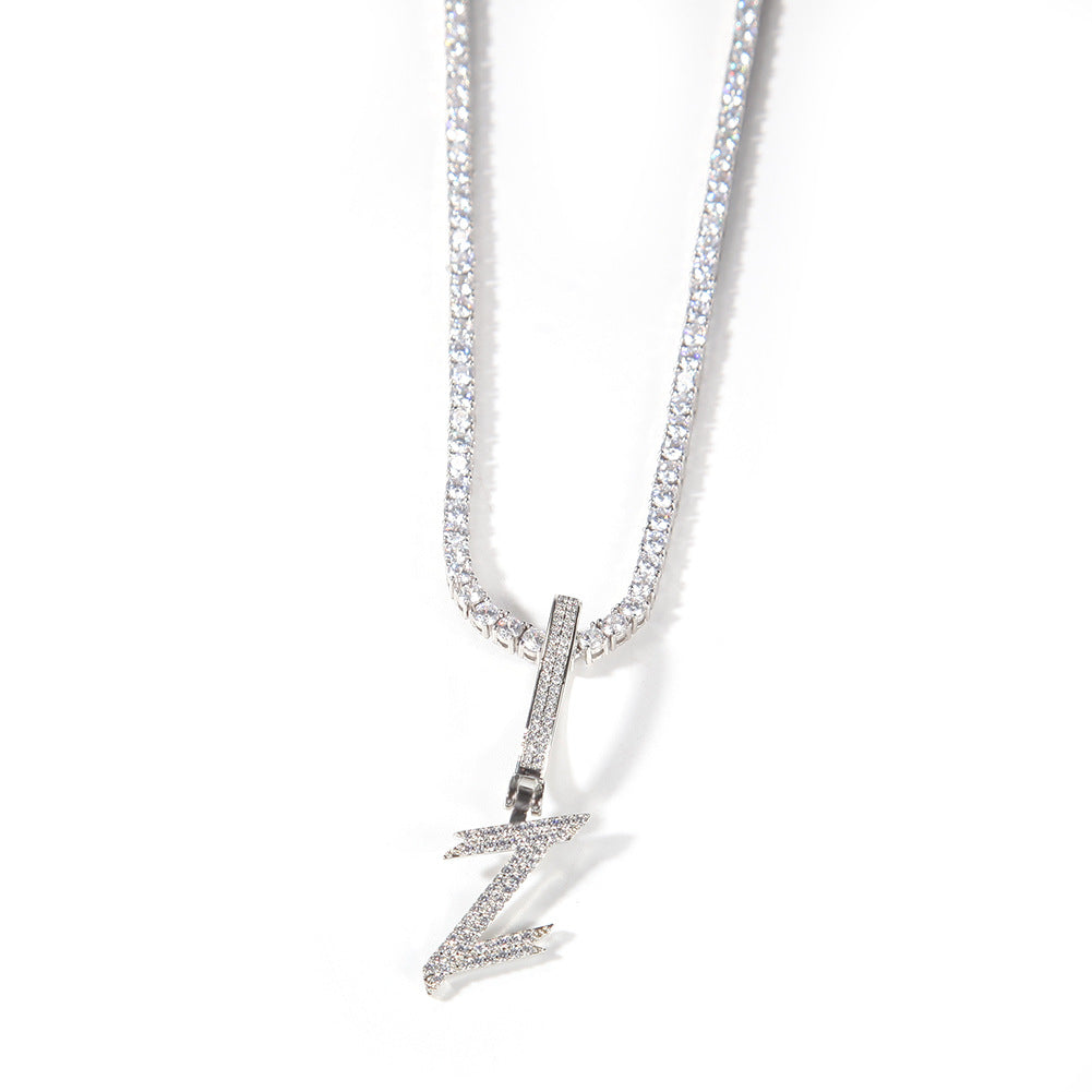 Iced Initial Letter Pendant Necklace for Women & Men - Cubic Zirconia Script Alphabet Charm on 24 Inch Twisted Chain, Gold or Silver Tone