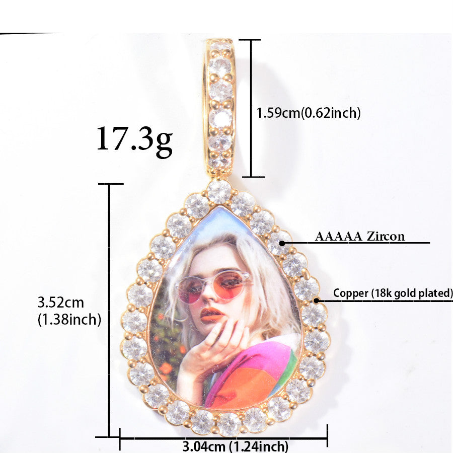 Unisex Iced Teardrop Photo Pendant Necklace
