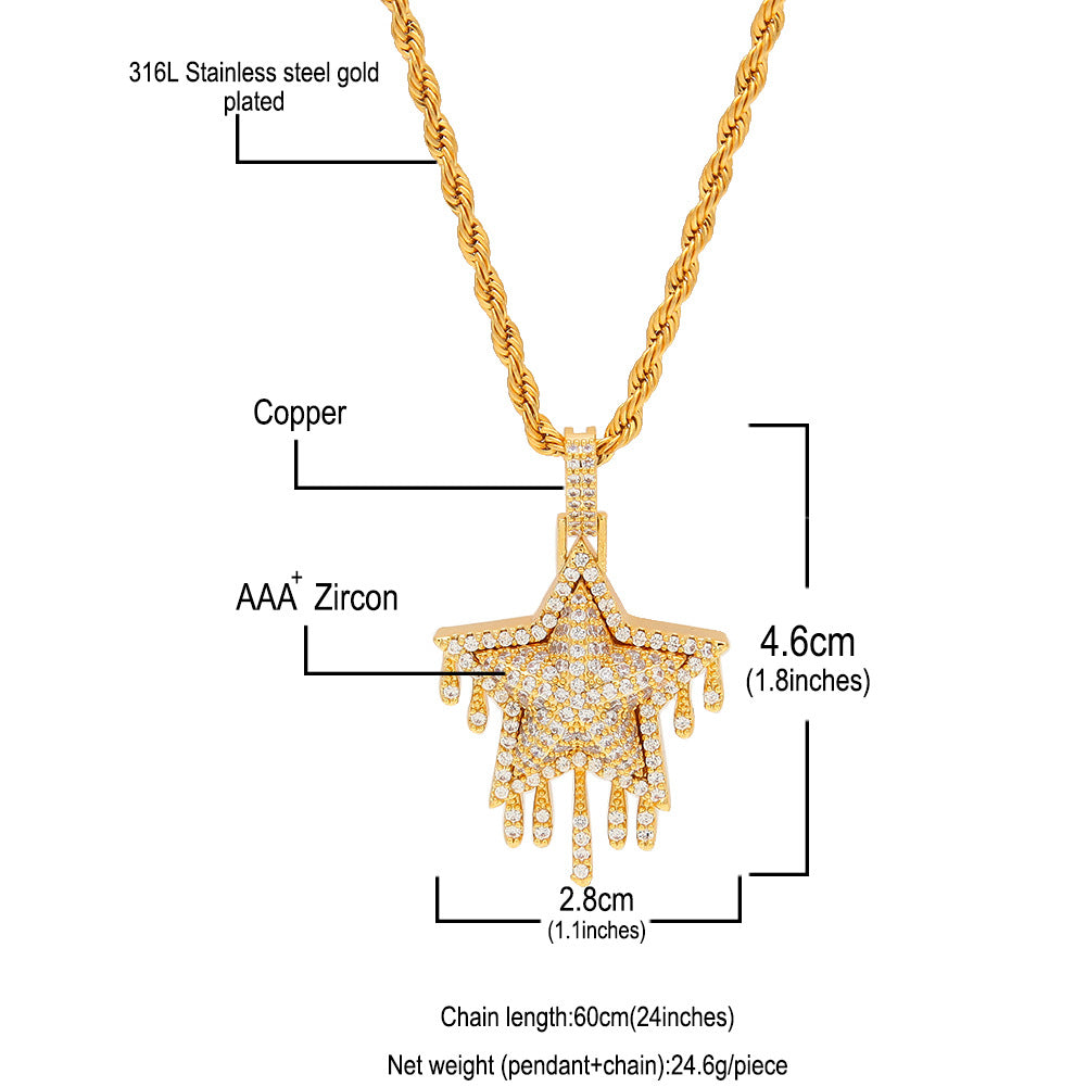 Iced Star Pendant Necklace for Women & Men - Gold Plated or Silver Plated Cubic Zirconia Statement Chain