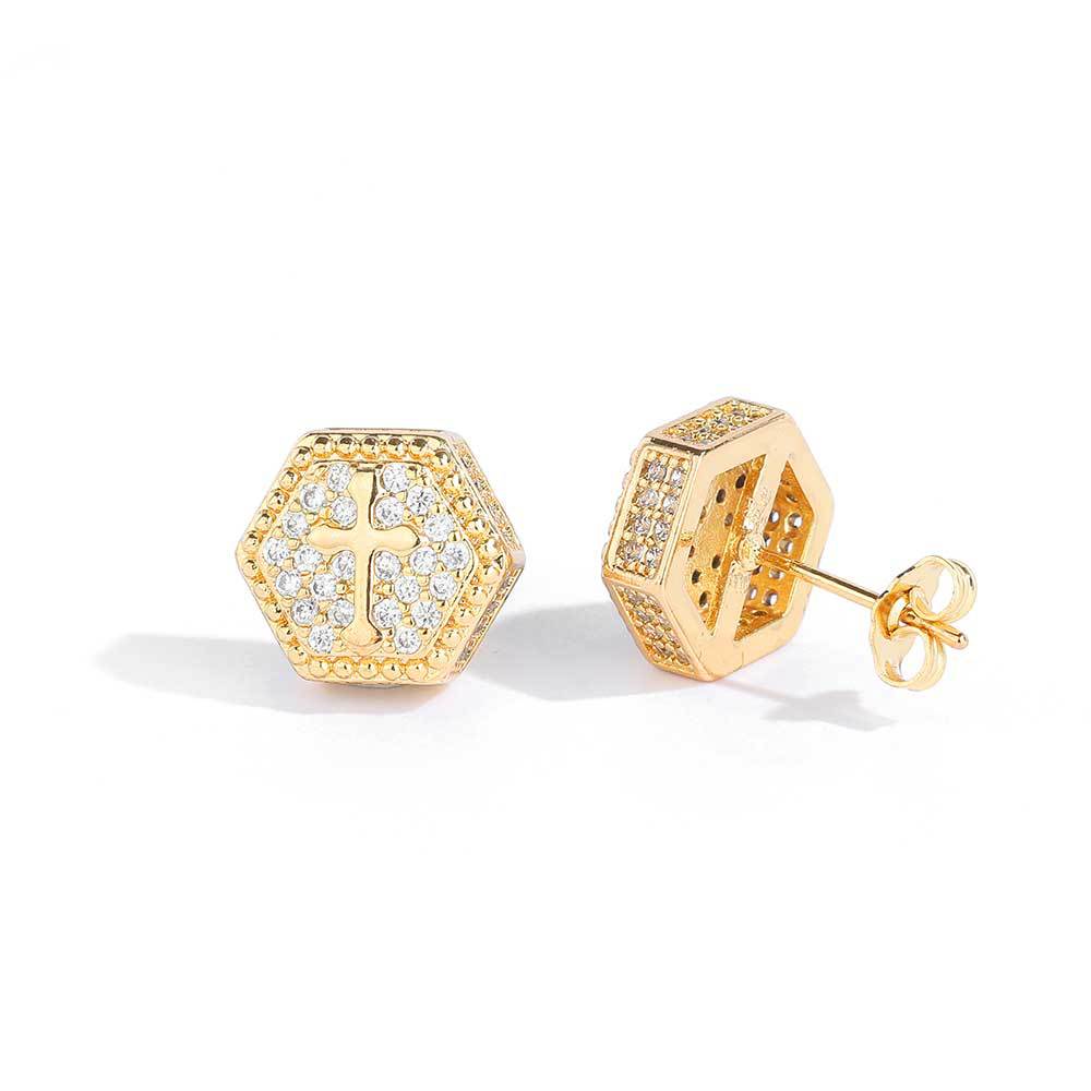 Hexagon Cross CZ Stud Copper Earrings in Selectable Colors and Sizes - EAR022 product image