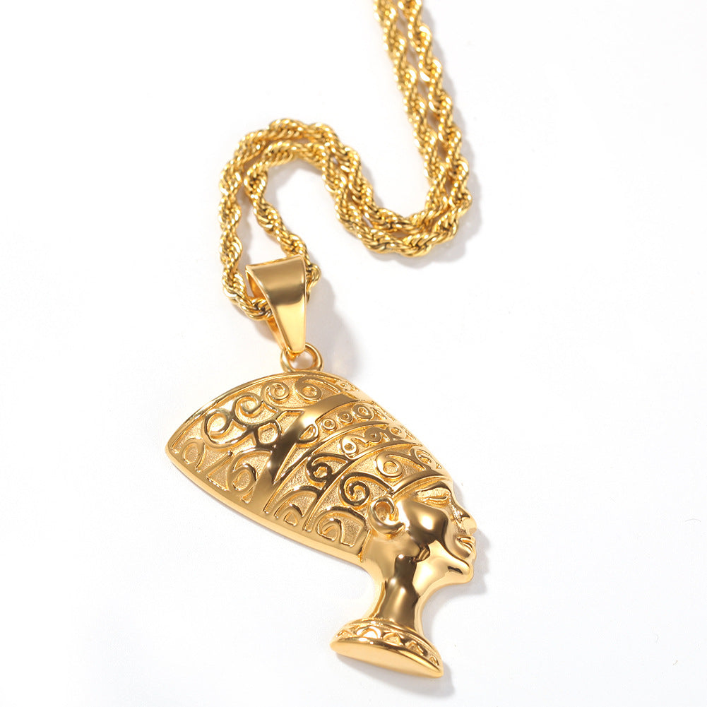 Unisex Stainless Steel Egyptian Queen Pendant Necklace with Gold Twisted Chain