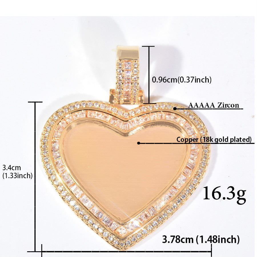 Unisex Iced Heart Photo Pendant Necklace