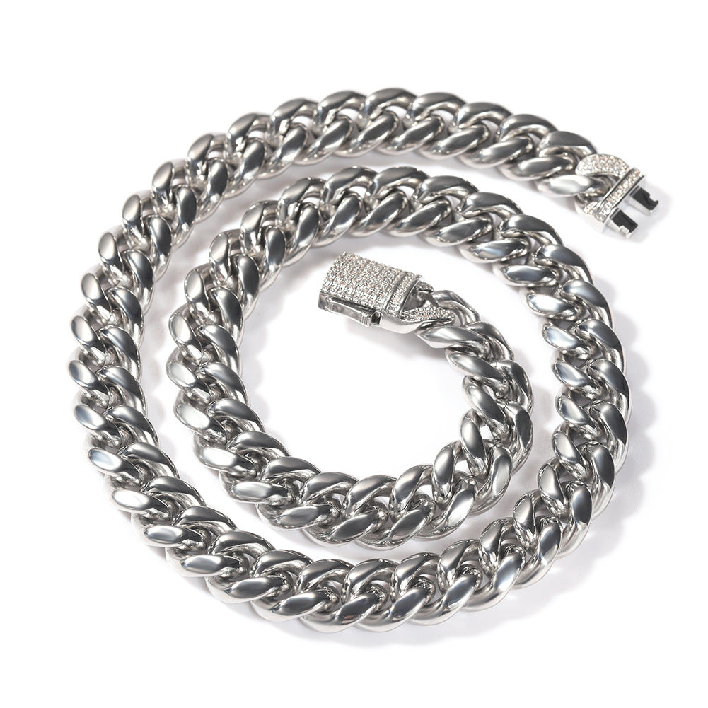 Unisex Iced Out Cuban Link Chain Bracelet Necklace in Stainless Steel with Cubic Zirconia Clasp