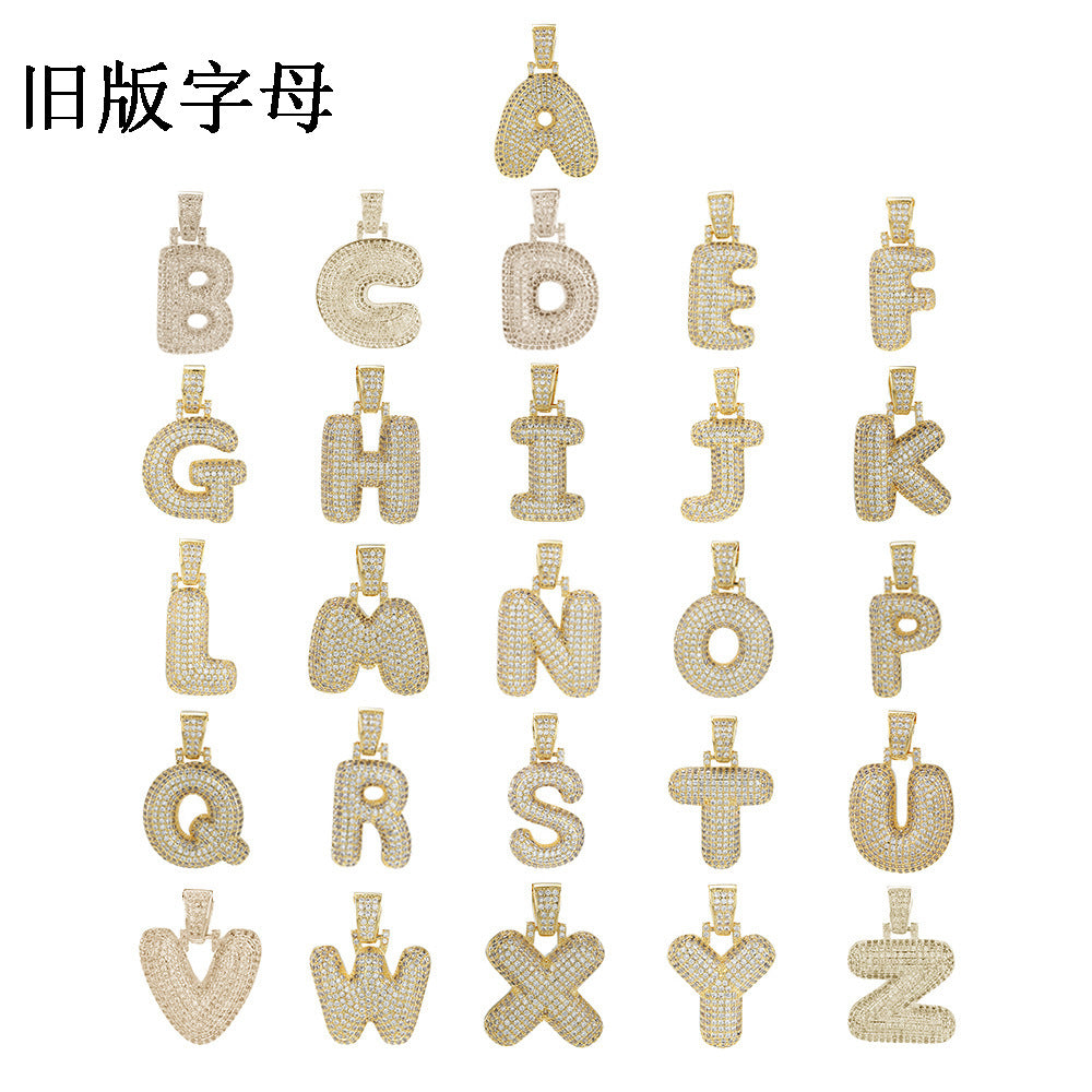 Unisex Bubble Letter Pendant Necklace with Cubic Zirconia, Gold Silver Rose Gold Initial Charm on 60cm Cuban Chain