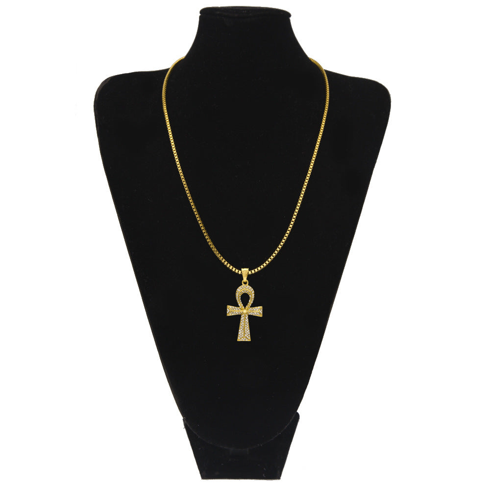 Gold Plated Iced Ankh Cross Pendant Necklace for Women & Men - Hip Hop Statement Chain with Cubic Zirconia