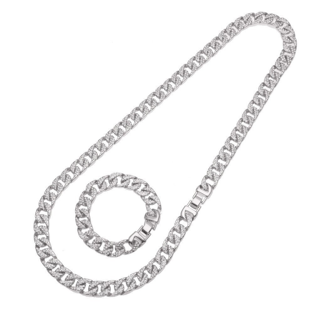 Unisex Gold Plated Iced Out Cuban Link Necklace Bracelet Set - Statement Chain Jewelry with Crystal Detail