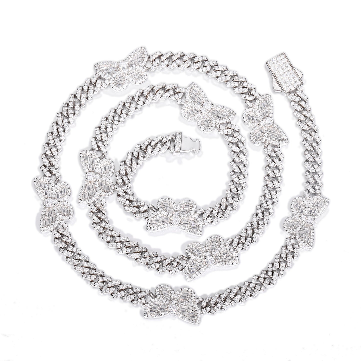 Iced Out Butterfly Cuban Link Chain Bracelet in White Silver Tone with Cubic Zirconia product image