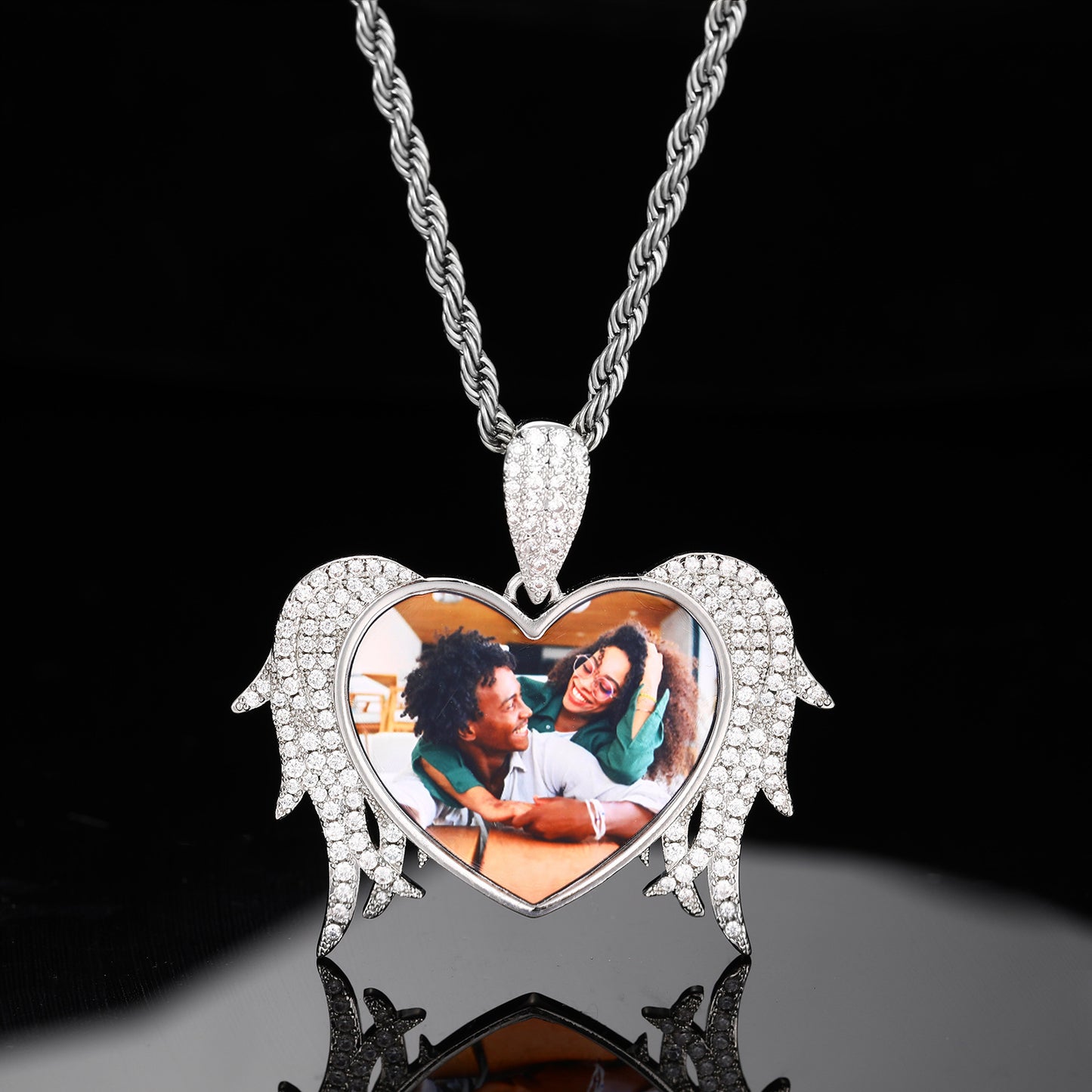 Custom Photo Heart Wing Pendant Necklace in Silver Tone with Rope Chain product image