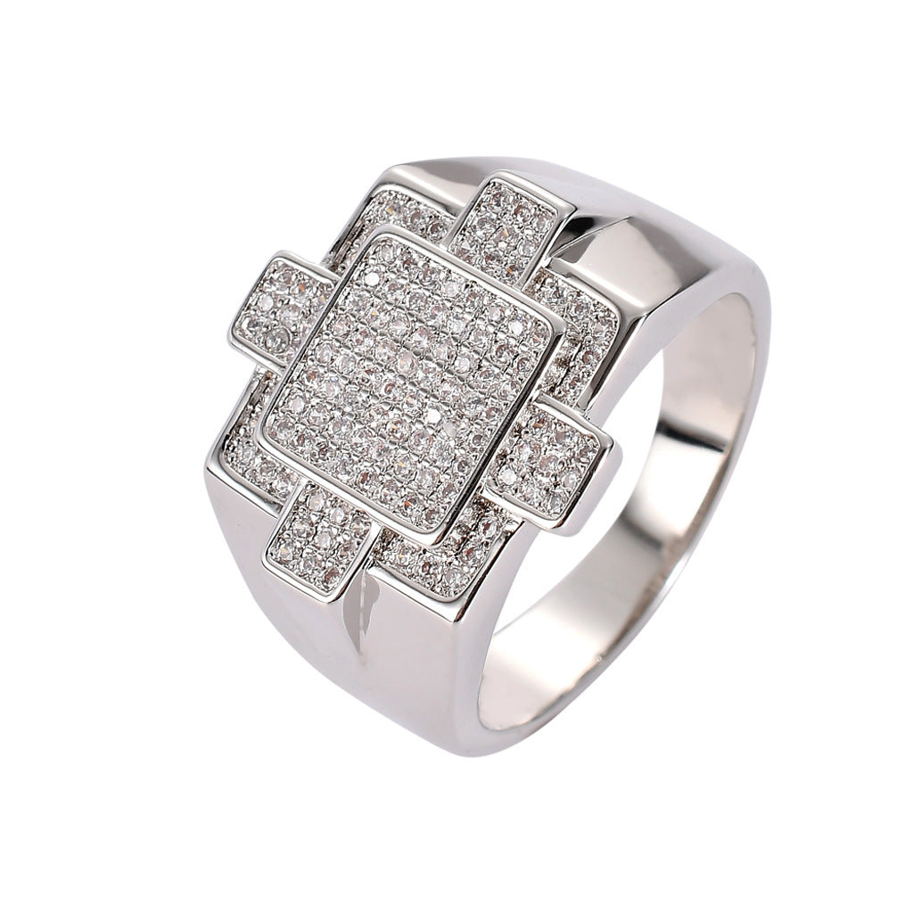 Hip Hop Geometric Cubic Zirconia Ring for Men