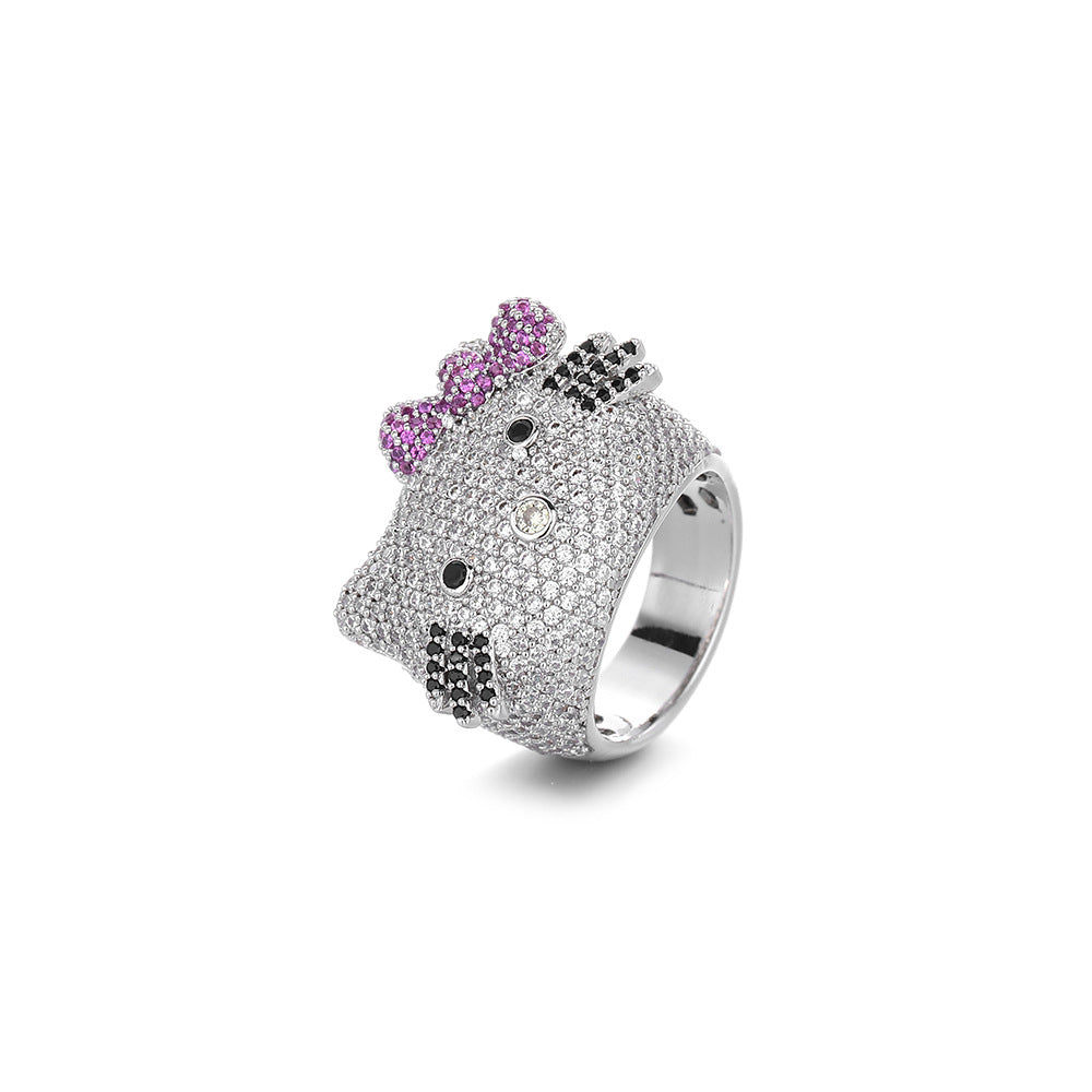 Cute Cat Face Rhinestone Ring, Animal Bow Ring, White or Gold, Sizes 6-9