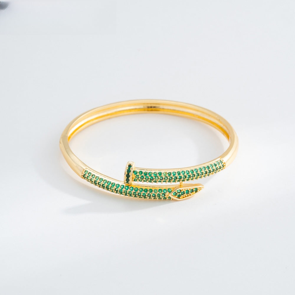 Minimalist Nail Bangle Bracelet for Women – Gold Plated Copper Bracelet with Crystal Pavé