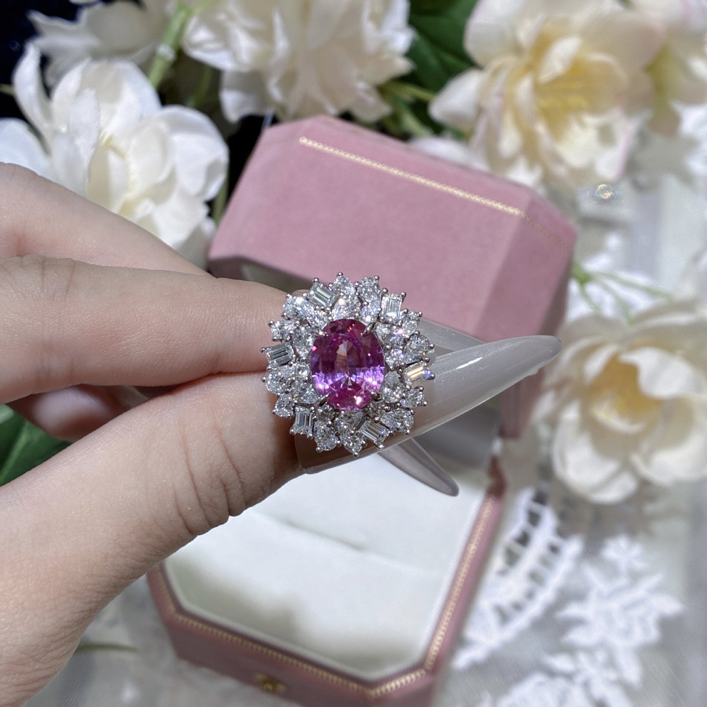 Pink Sapphire Halo Ring, S925 Silver Oval Cluster Ring for Women product image
