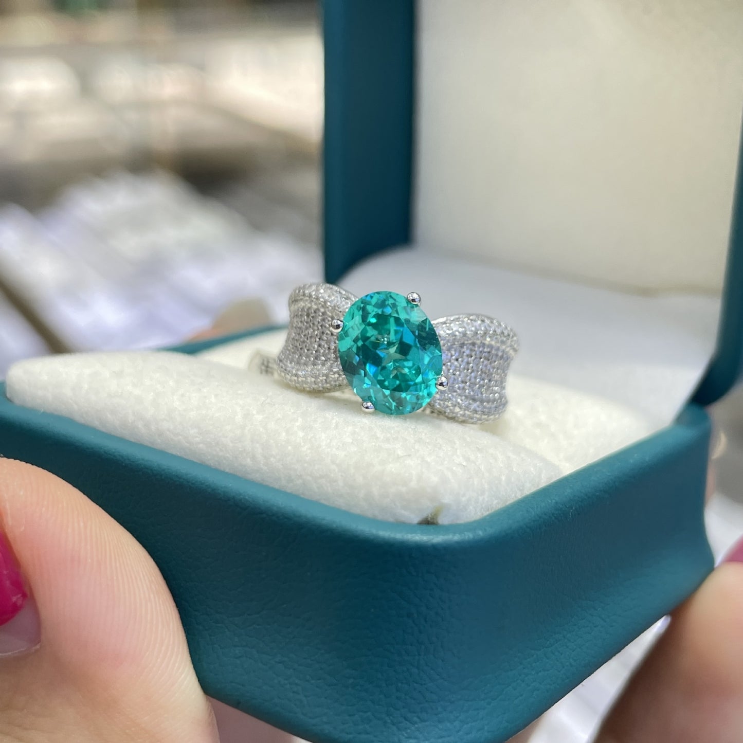 3 Carat Oval Blue-Green Ring with Wide Sparkling Band product image