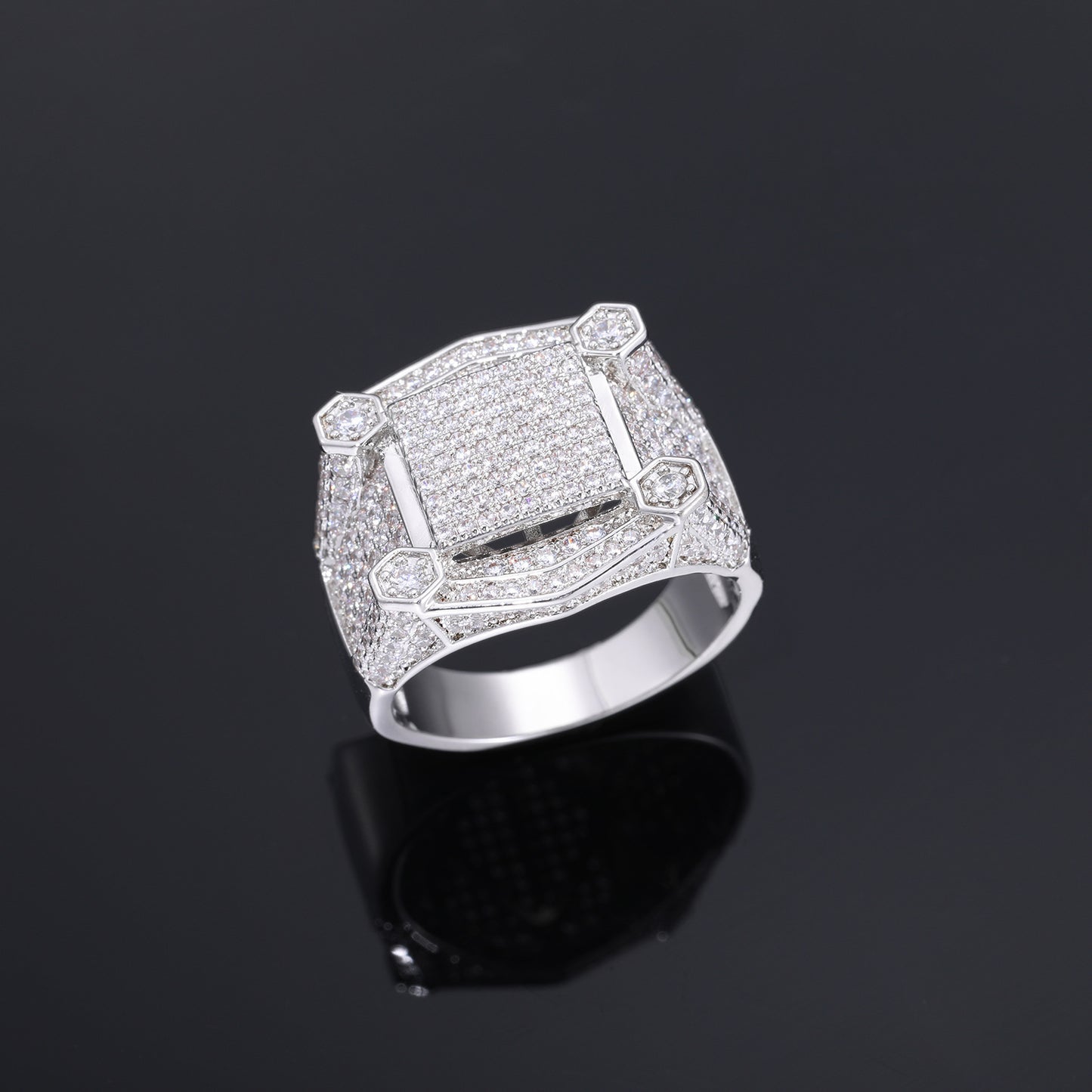 Unisex Iced Out Geometric Square Ring with Cubic Zirconia in White Gold Tone product image