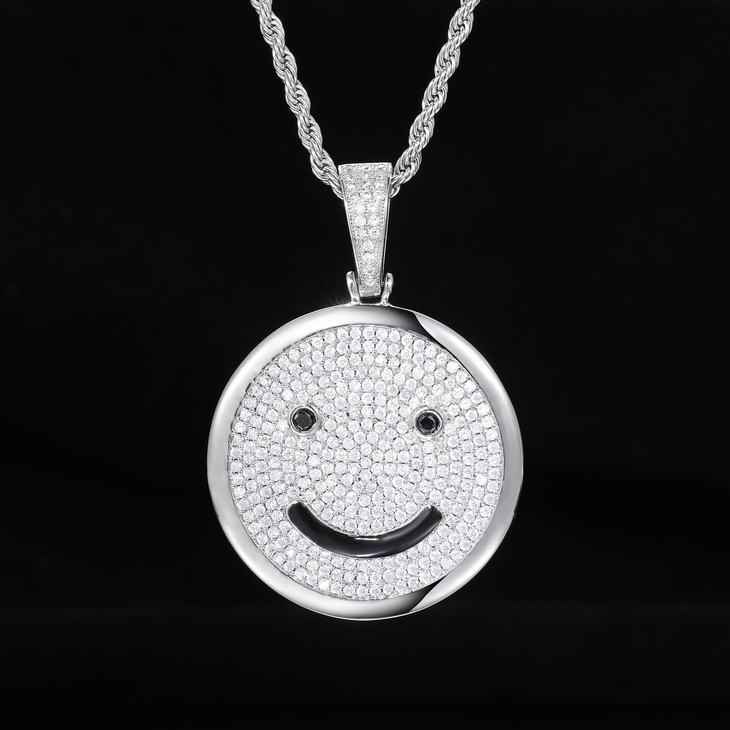 Iced Out Smiley Face Pendant Necklace, Rope Chain Hip Hop Zircon Jewelry product image