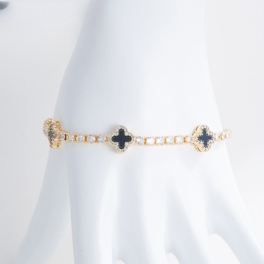 Elegant Gold Plated Flower Petal Tennis Bracelet for Women with Crystal Clover Charm
