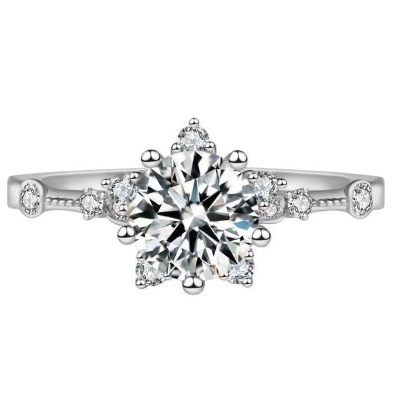 Moissanite Flower Halo Ring for Women, Floral Engagement Ring, Wedding Promise Ring, Rose Tone or White Tone