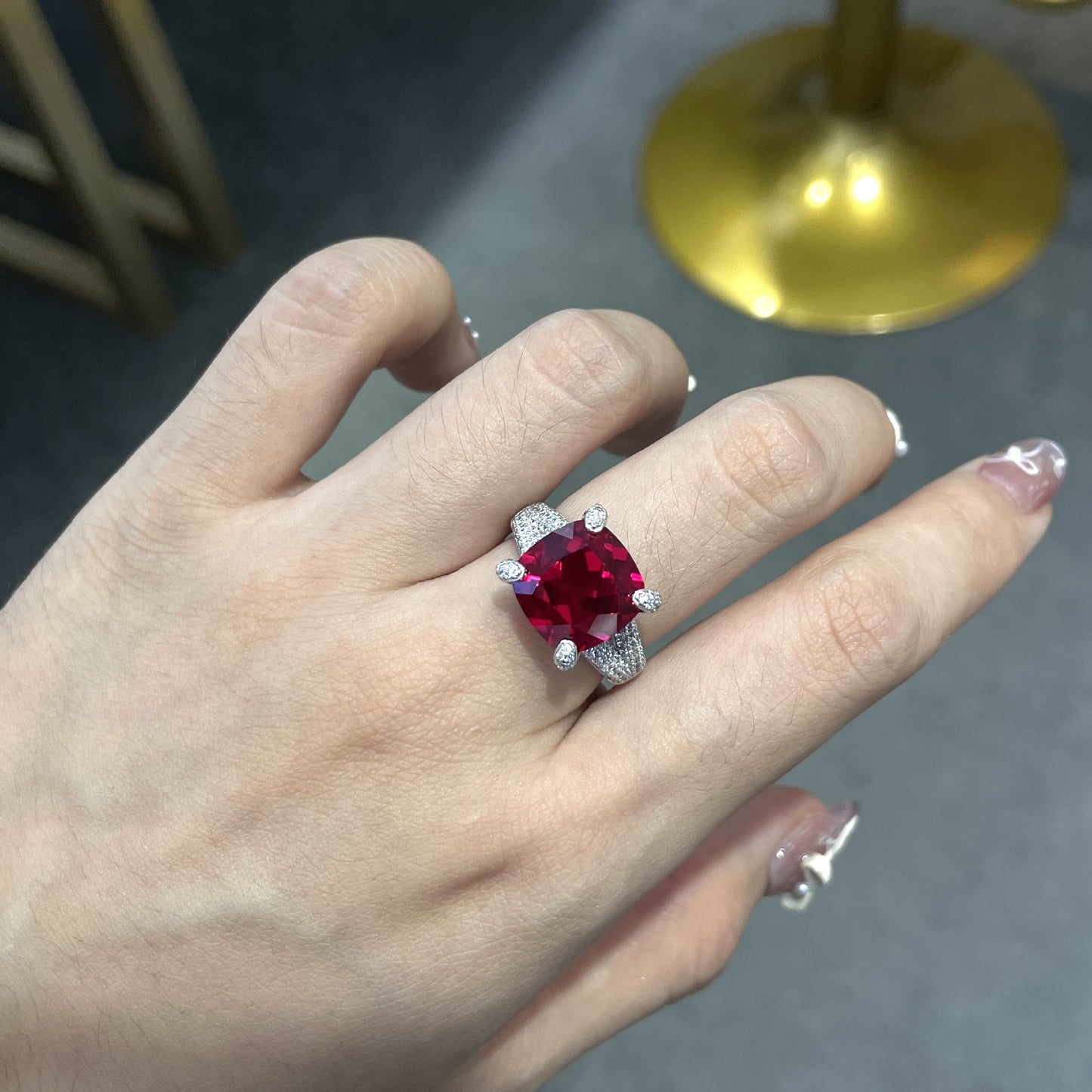 Cushion Cut Lab Created Ruby Ring for Women, Geometric Statement Cocktail Ring product image