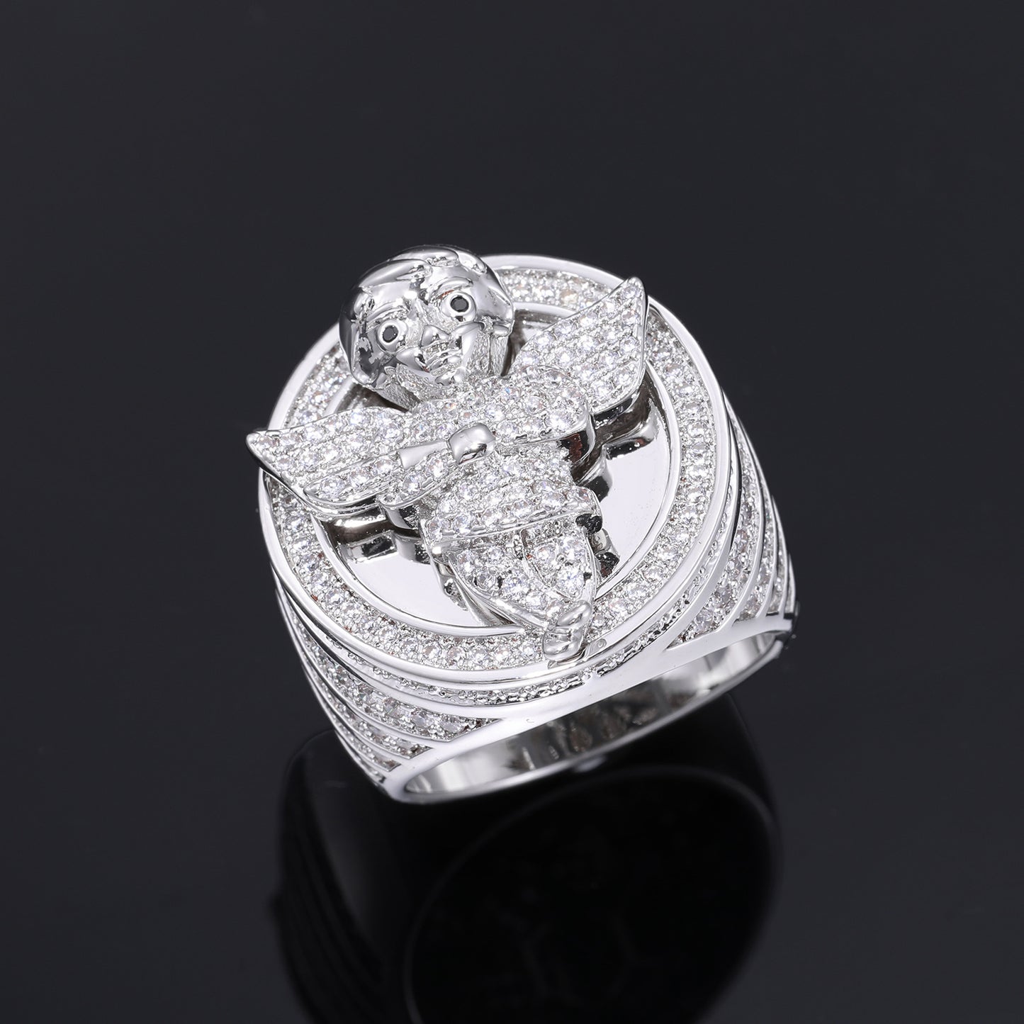 Angel Signet Ring for Men with Zircon Stone Pavé, Hip Hop Geometric Circle Ring, Gold Tone or White Tone, Sizes 7 8 9 10 product image