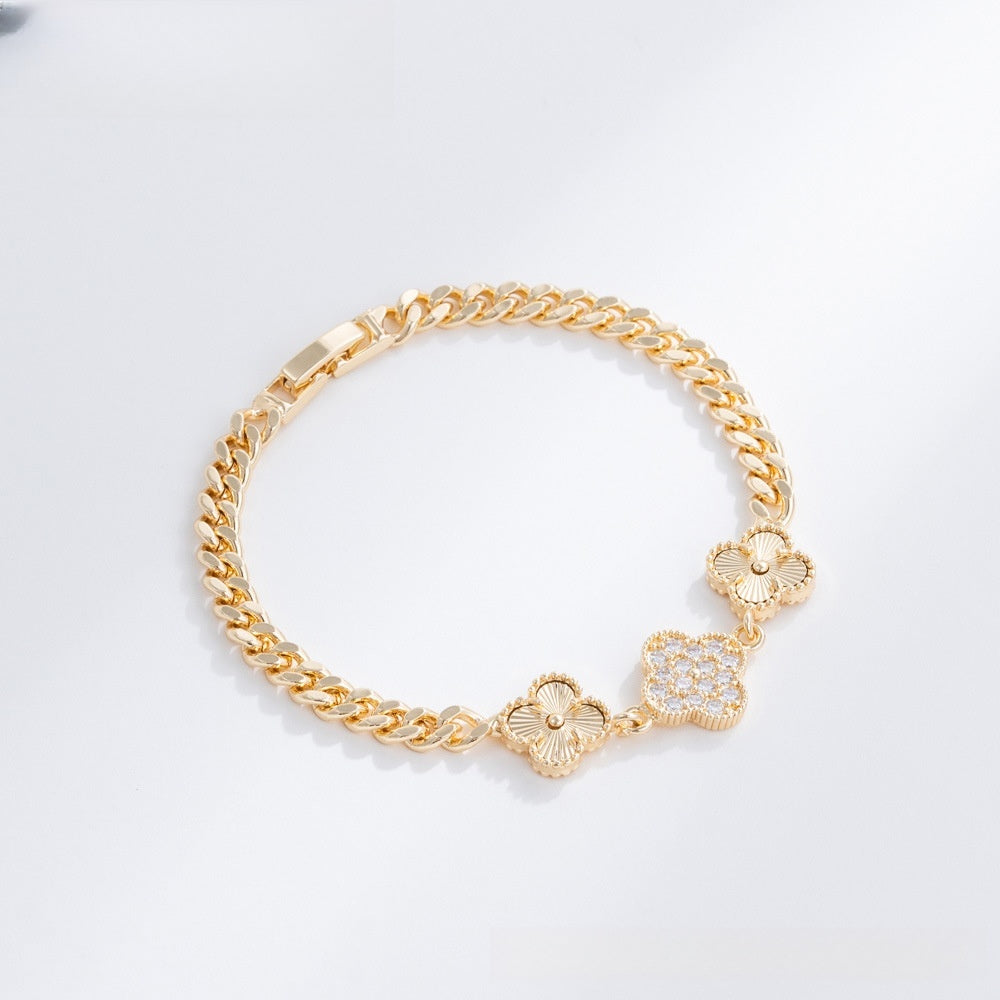 Elegant Four Leaf Clover Gold Plated Bracelet with Crystal Charm for Women & Men