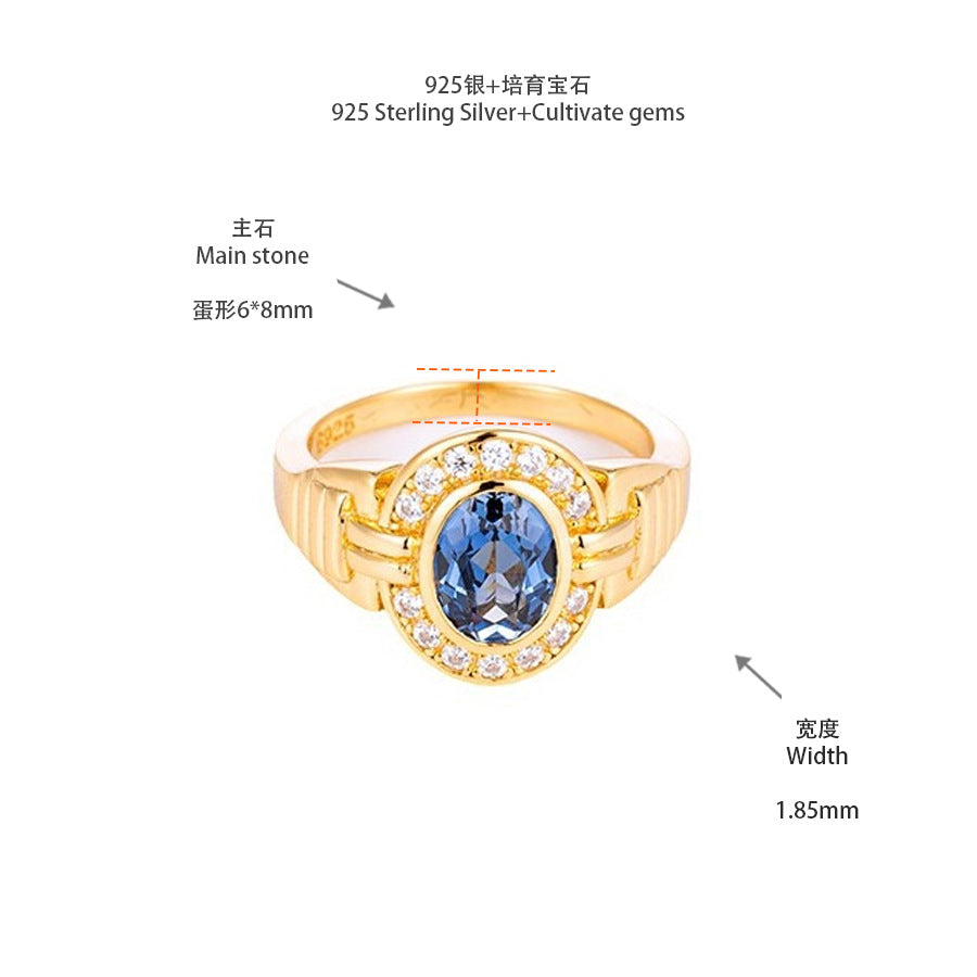 Vintage Blue Oval Halo Ring, 18K Gold Tone Closed-Band Ring for Women product image
