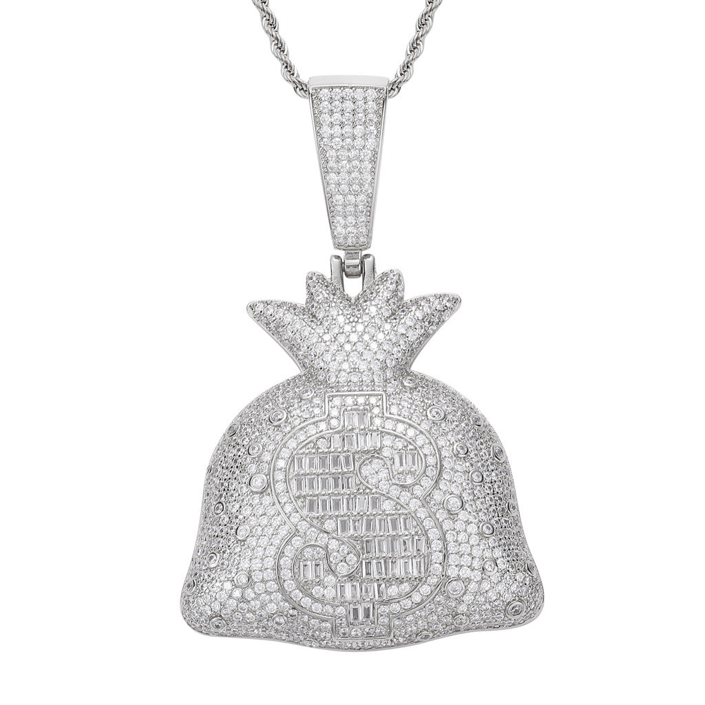 Hip Hop Dollar Money Bag Copper Pendant Necklace for Men and Women