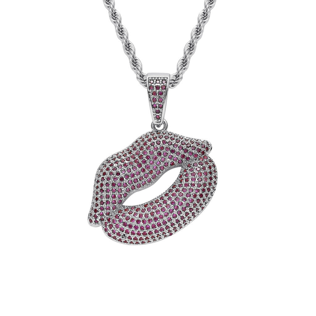 Hip Hop Lip Cubic Zirconia Pendant Necklace for Men and Women