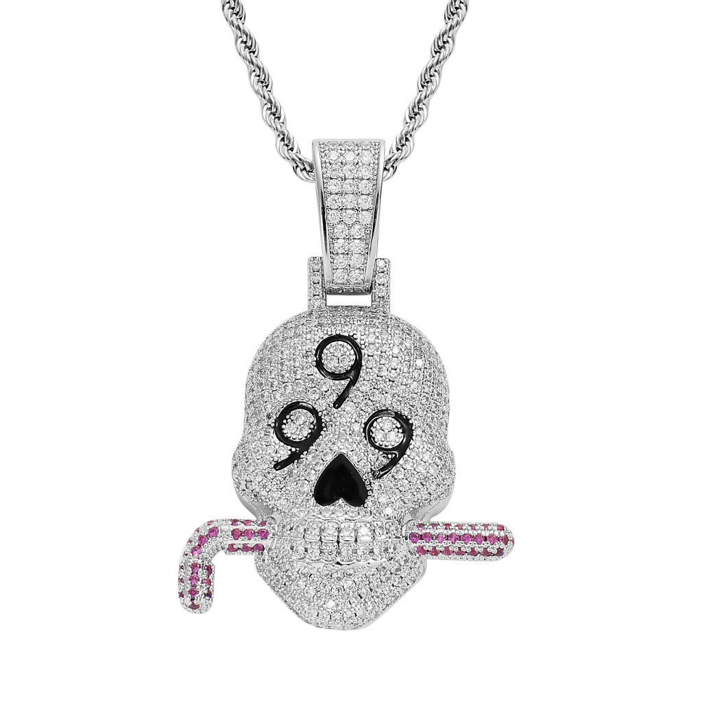 Hip Hop Skull Cubic Zirconia Pendant Necklace for Men and Women
