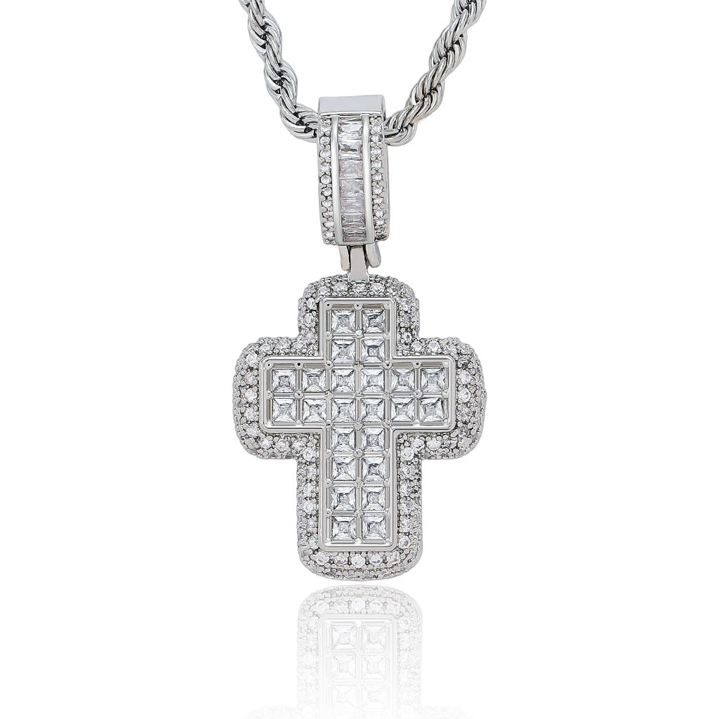 Hip Hop Light Luxury Cross Cubic Zirconia Pendant Necklace for Men and Women