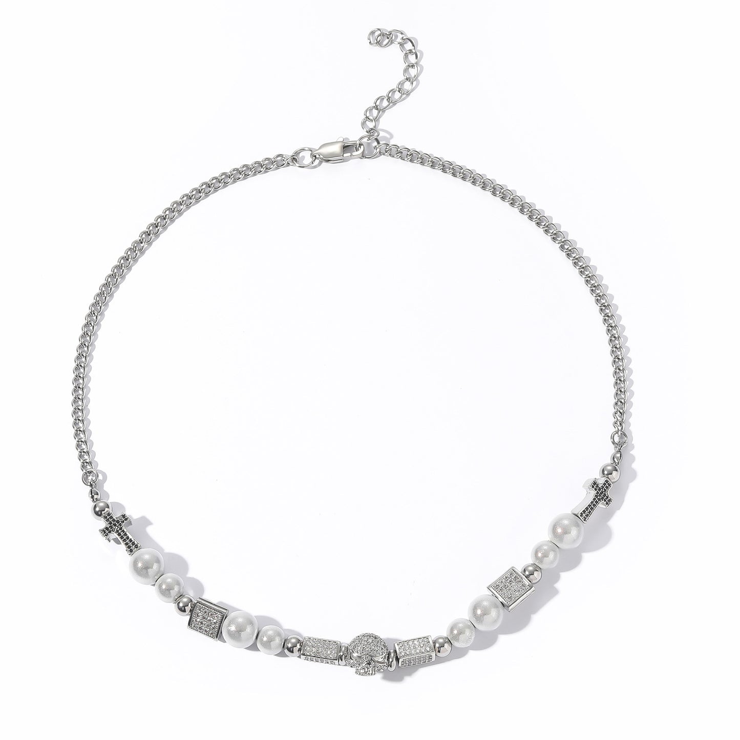 Hip Hop Vintage Cross Skull Pearl Bracelet for Men