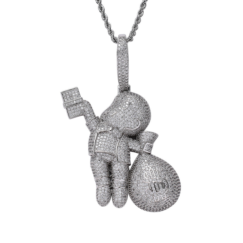 Hip Hop Dollar Money Bag Cubic Zirconia Pendant Necklace for Men and Women